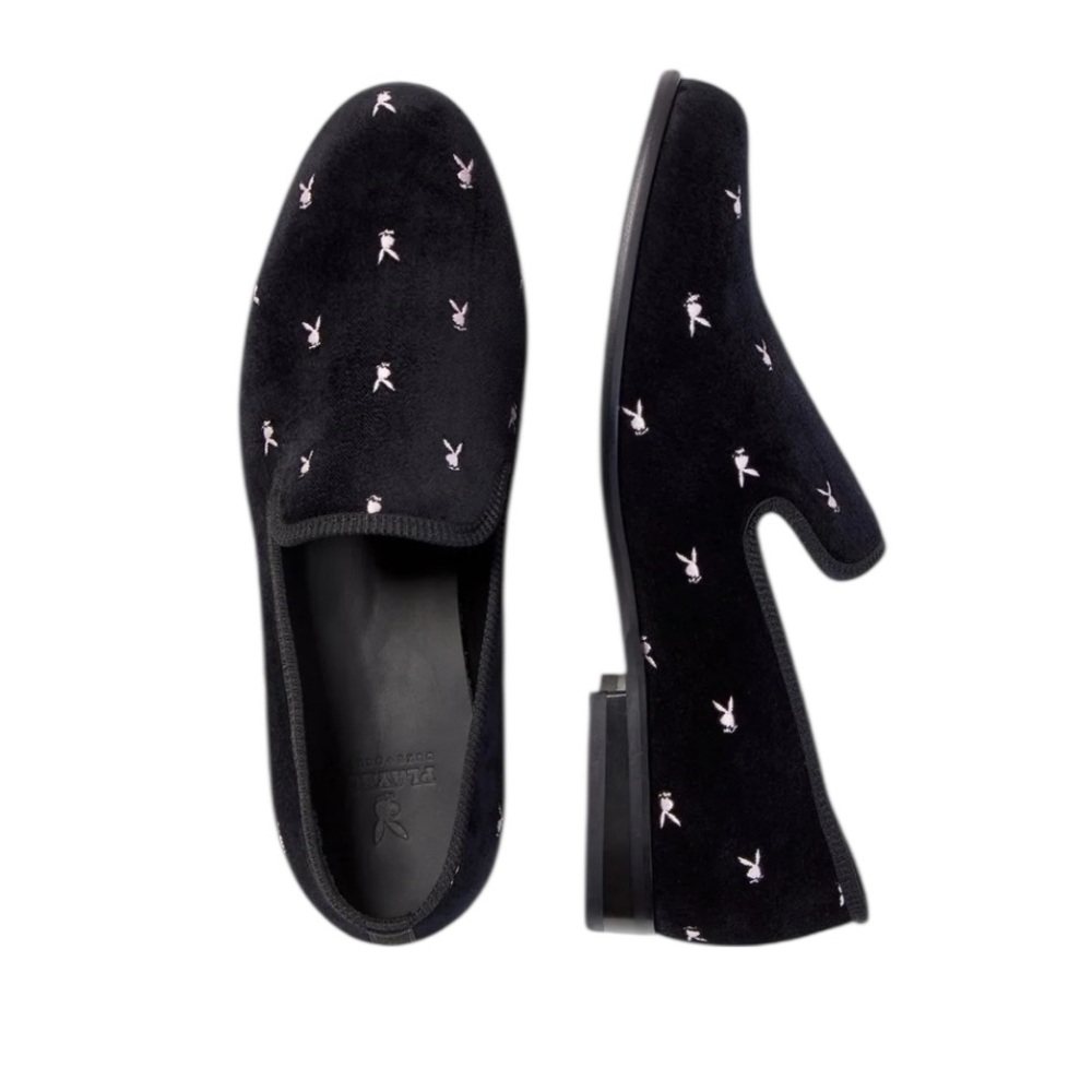 PLAYBOY Black Velvet Embroidered Slip-On Loafers with Pink Accents